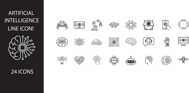 Artificial intelligence icon set with brain, robot, AI head and machine learning line symbols.