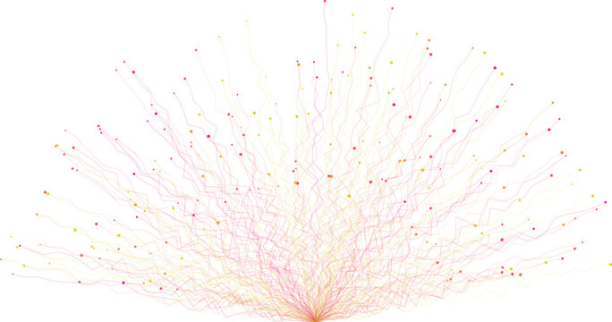Abstract background with colorful lines and dots radiating from a single point, creating a dynamic firework or explosion effect