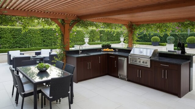 Luxury outdoor kitchen with dark cabinets and dining set.