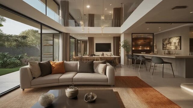Luxury modern living room interior featuring warm ambient lighting and elegant motion animation video background scene