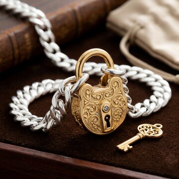 Golden heart shaped padlock with key on silver chain