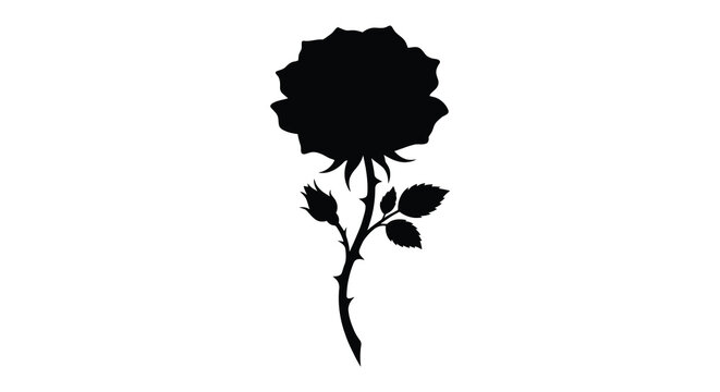 A single rose stem with leaves and a budding flower depicted as a black silhouette floral bloom blossom