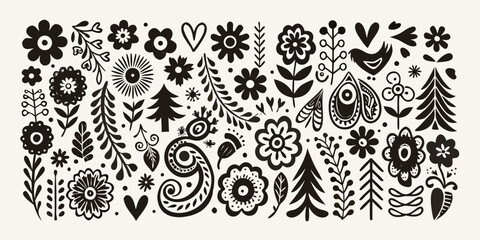 Floral ornament collection in black vector illustration featuring stylized botanical and geometric shapes flower foliage © Ranajit