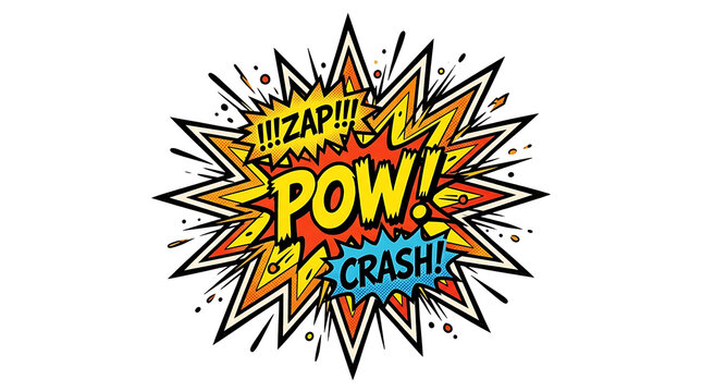 Comic book style illustration of a dynamic explosion with text effects