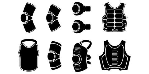 Protective sports equipment icon set featuring vest, knee pad, chest protector and safety gear, © Lutfunnaher