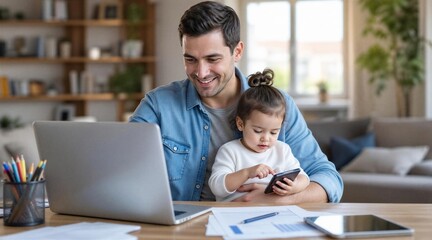 Obraz premium Father working from home with toddler daughter using smartphone