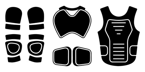 Protective sports equipment icon set featuring vest, knee pad, chest protector and safety gear, © Lutfunnaher