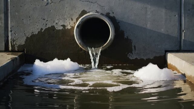 Pouring circular drain pipe sending jet into concrete channel, draining runoff and forming foam