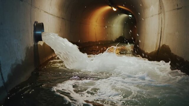 Opening valve releasing fast water through circular outlet in culvert, forming foam for drainage
