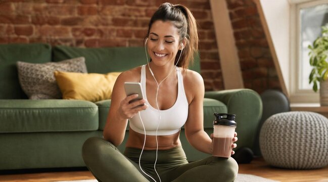 Smiling fit woman with protein shake using phone after home workout