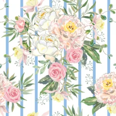 Peonies, pink rose flowers, green leaves, greenery, striped background. Floral illustration. Vector seamless pattern. Botanical design. Garden nature plants. Romantic bouquets © ojardin