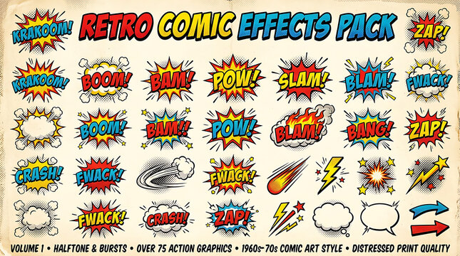 A retro comic panel frame with isolated effects and speech bubbles