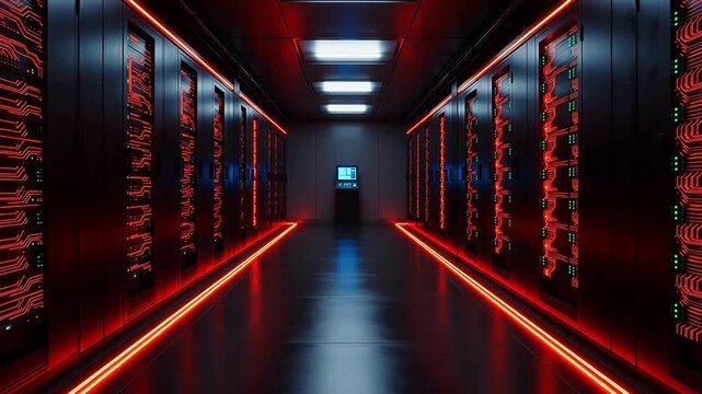 Server room with red neon lighting