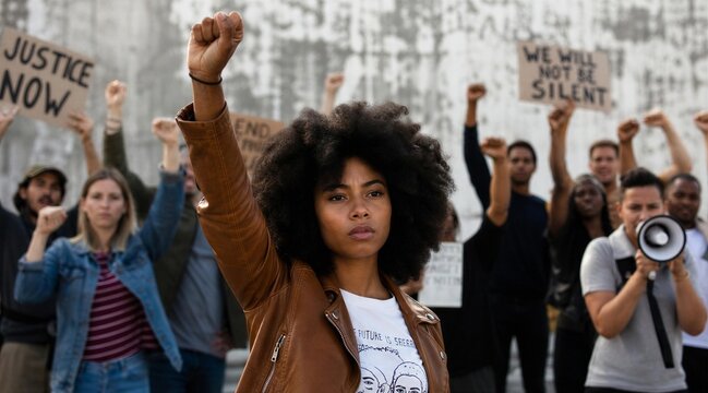 Young Woman Raising Fist at Peaceful Protest for Justice and Equality