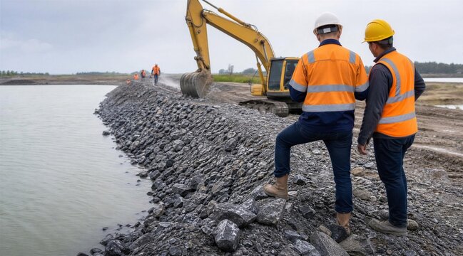 Construction Workers Supervising Excavator Building Rock Revetment