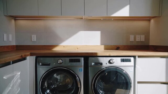 Shifting sunlight across backsplash in home laundry, creating reflections on washer and dryer doors