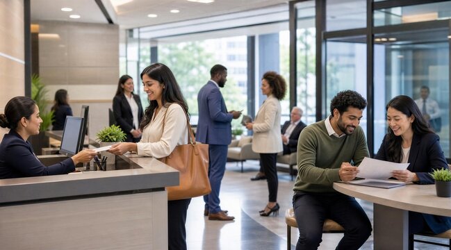 Diverse customers and staff interacting in modern bank branch lobby