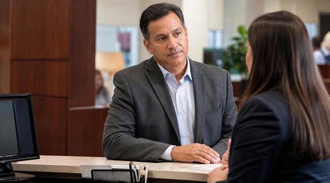 Mature businessman consulting female advisor at bank counter office