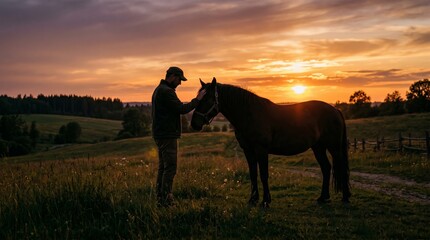 Obraz premium A woman shares a peaceful moment with a horse as the sun sets. Concept connection, nature, tranquility, equestrian lifestyle, countryside. Ideal for content on bonding and outdoor living Generative AI