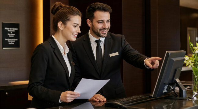 Hotel receptionists working together at front desk checking computer