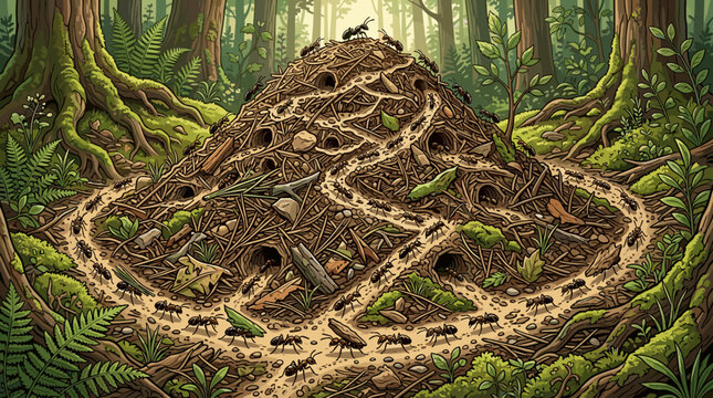 A detailed illustration of a busy ant hill colony inside a lush green forest, showing ants moving along pathways in their mound. Perfect for nature, biology, and wildlife education themes.