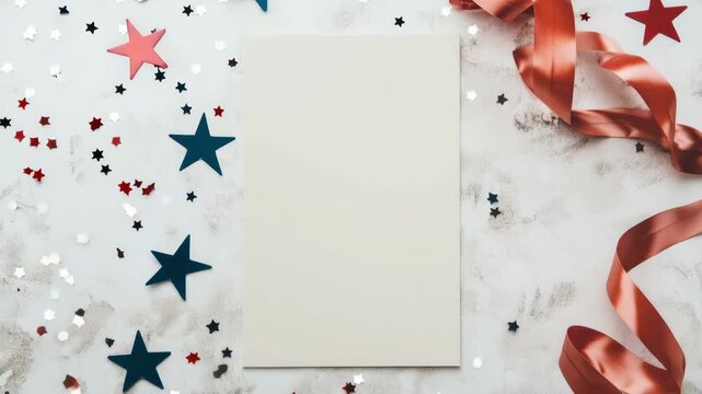 Blank cream greeting card on a flat lay with patriotic stars copper ribbon and confetti, patriotic mockup, copyspace, festive celebration, Independence Day.