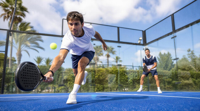 Young man playing padel reaches for low ball on outdoor blue court