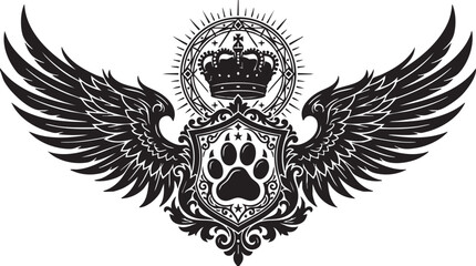 Fototapeta premium Heraldic animal paw print shield with wings and crown heraldic majestic monochrome