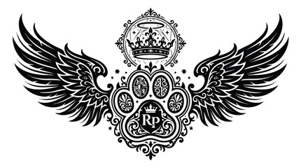 Fototapeta premium Royal animal paw print crest with wings and lettering heraldic majestic monochrome