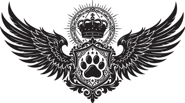Heraldic animal paw print shield with wings and crown heraldic majestic monochrome