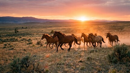 Fototapeta premium A group of wild horses gallops through an open field at sunset. Concept of freedom, nature, wildlife, adventure, and outdoor exploration, suitable for travel and lifestyle branding. Generative AI.