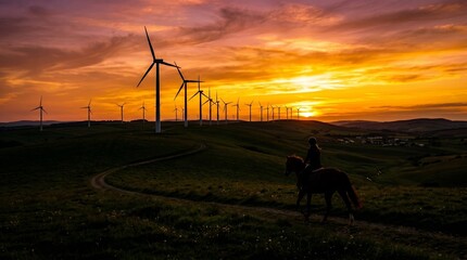 Fototapeta premium Wind turbines on rolling hills at sunset with a silhouette of a horse rider. Concept renewable energy, serene landscapes, outdoor adventure, appealing for eco tourism, nature conservation. Generative