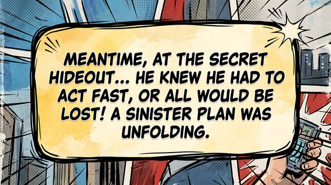 Comic book scene with sharp explosion and sinister plan unfolding fast