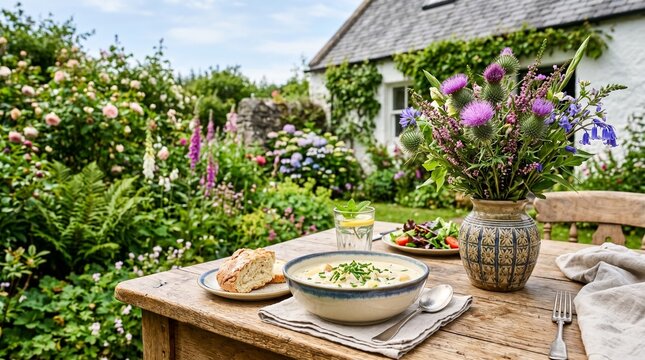 Traditional Cullen Skink soup and Scottish thistle bouquet on sunny garden table