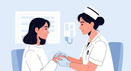 Fototapeta premium Nurse Comforts Crying Patient in Medical Exam Room
