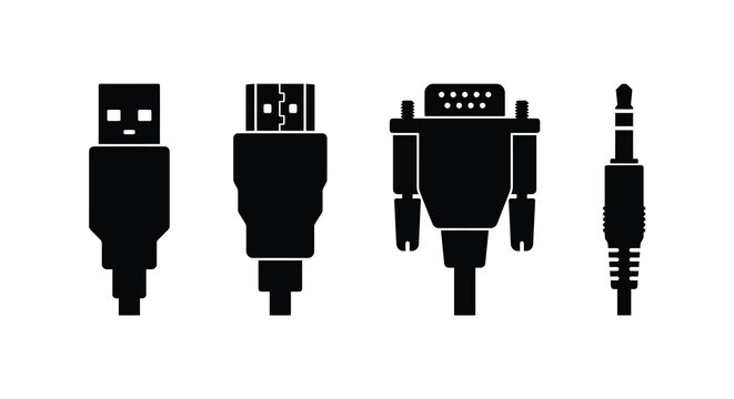 Four different connector silhouettes against a white background showcasing usb hdmi and audio plug designs silhouette plugs ports