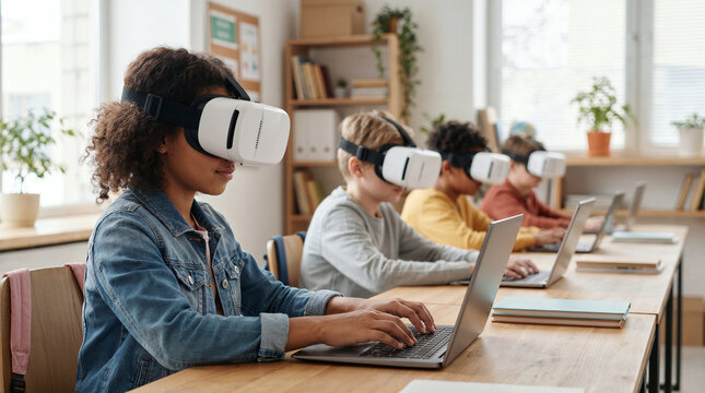 Students using virtual reality headsets and laptops in classroom for immersive education technology, digital learning and future school concept.