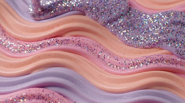 Pastel wavy frosting with glitter creates a sweet dessert texture