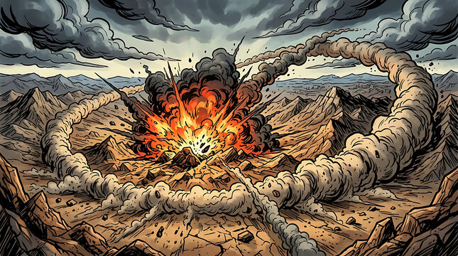 A comic illustration depicts a speech bubble with a skull on fire in a desolate landscape.