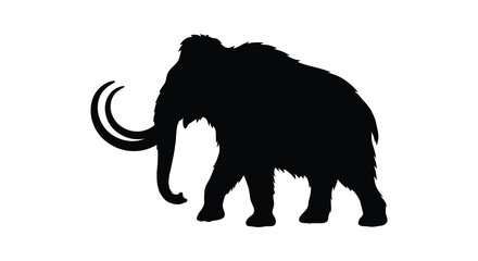 A woolly mammoth stands in profile depicted as a stark black silhouette elephant prehistoric extinct paleontology iceage tusk © Sumon