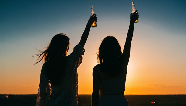 Silhouette of two adult women raising beer bottles at sunset, friendship, celebration and summer freedom.