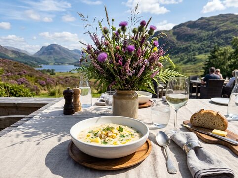 Luxury al fresco dining in Scotland with Cullen Skink soup and thistle centerpiece