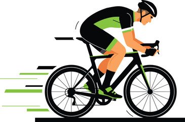 Naklejka premium Cyclist riding a bicycle with green and black gear on white background