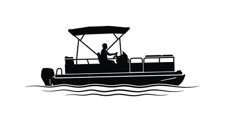 Pontoon boat with a person steering depicted as a black silhouette against a white background vessel watercraft monochrome © Sumon