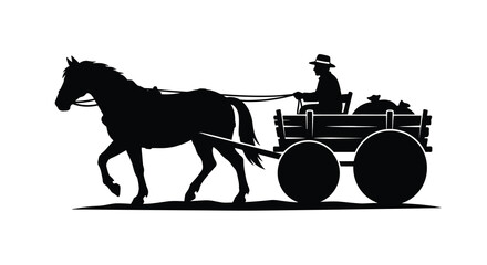 Horse drawn wagon with driver depicted as a black silhouette against a white background equine carriage transport farmer © Sumon