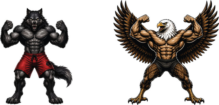 Anthropomorphic wolf and bald eagle bodybuilders flexing muscles with strength