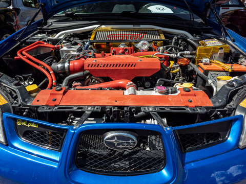 TAVERNES BLANQUES, SPAIN - JUNE 14, 2026.Custom tuning parts and aftermarket air intake filter inside Subaru Impreza WRX STi engine bay