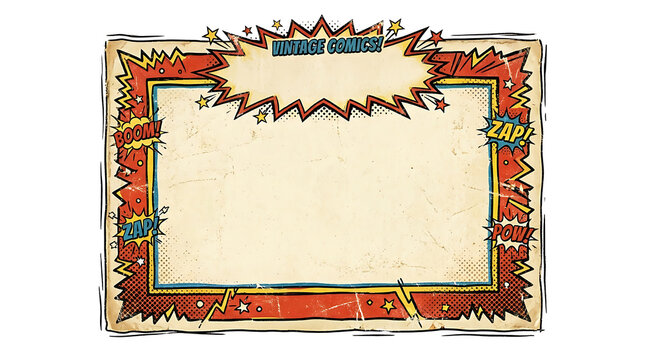 Vintage comic halftone splash is displayed on a colorful border