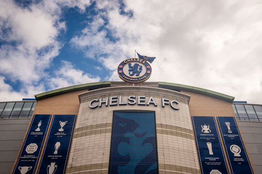 LONDON - MAY 14, 2026: Chelsea FC Stamford Bridge &ndash; Front and club crest at Chelsea Football Club&rsquo;s stadium.