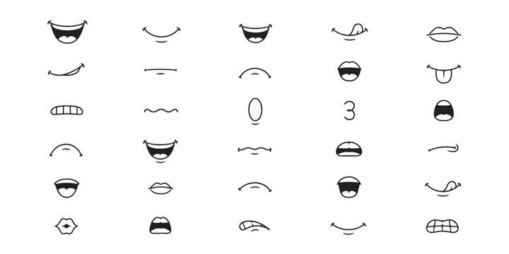 Diverse cartoon mouth expressions and lip shapes line art collection